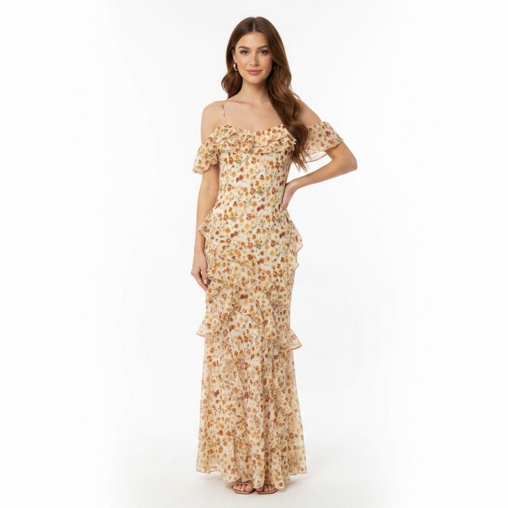 Floral Ruffle Maxi Dress Small Brown Beige Orange Autumn Fall Wedding Cottage